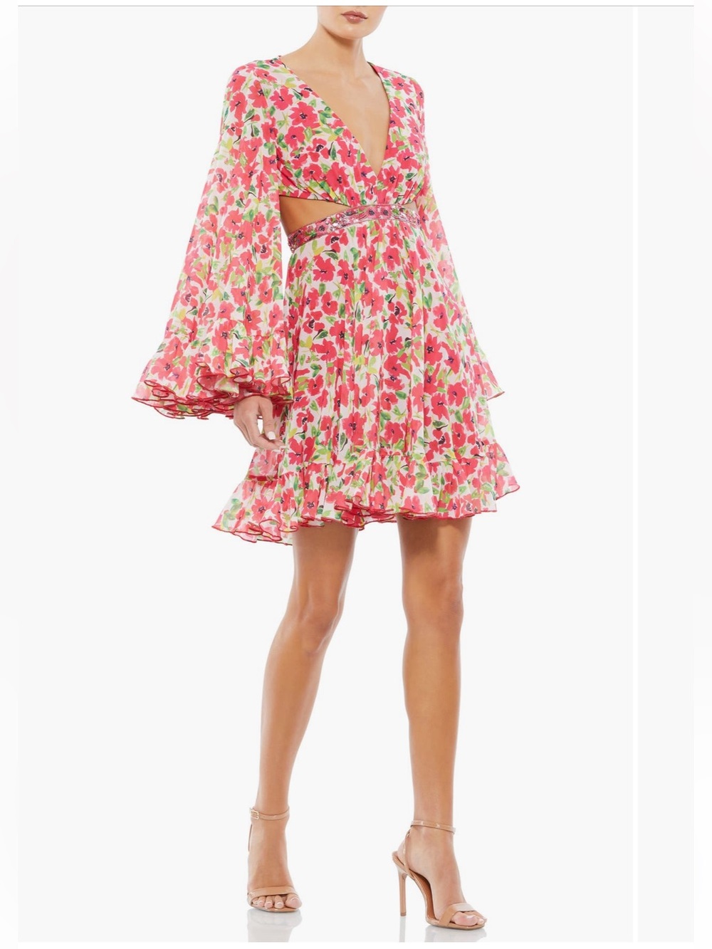 leena for Mac Duggal Floral Cut Out V Neck Bell
Sleeve Mini Dress